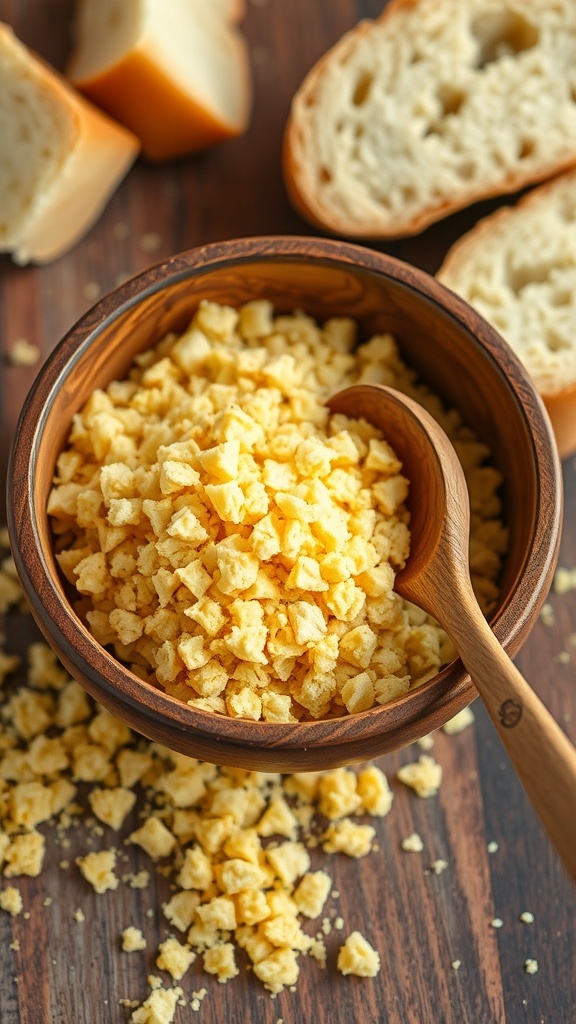 Homemade Bread Crumbs from Stale Bread A bowl of homemade bread crumbs on a wooden table, surrounded by stale bread.